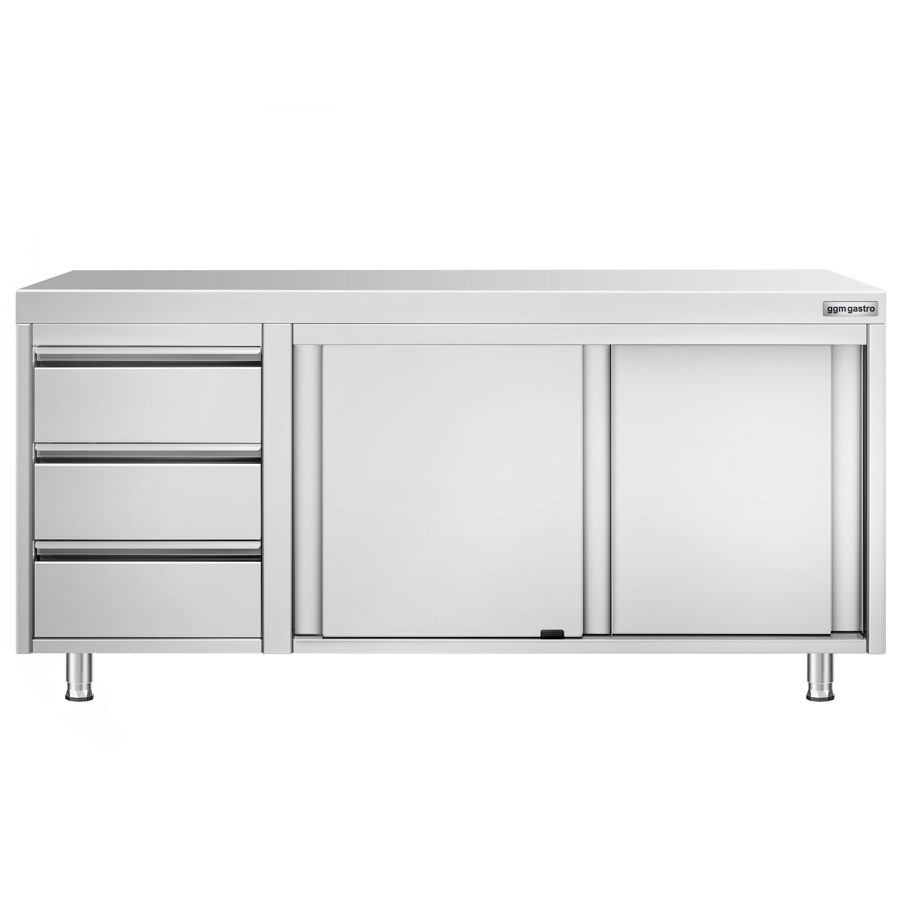 Table armoire en acier inoxydable PREMIUM - 1800x700mm - avec 3 tiroirs à gauche et portes coulissantes