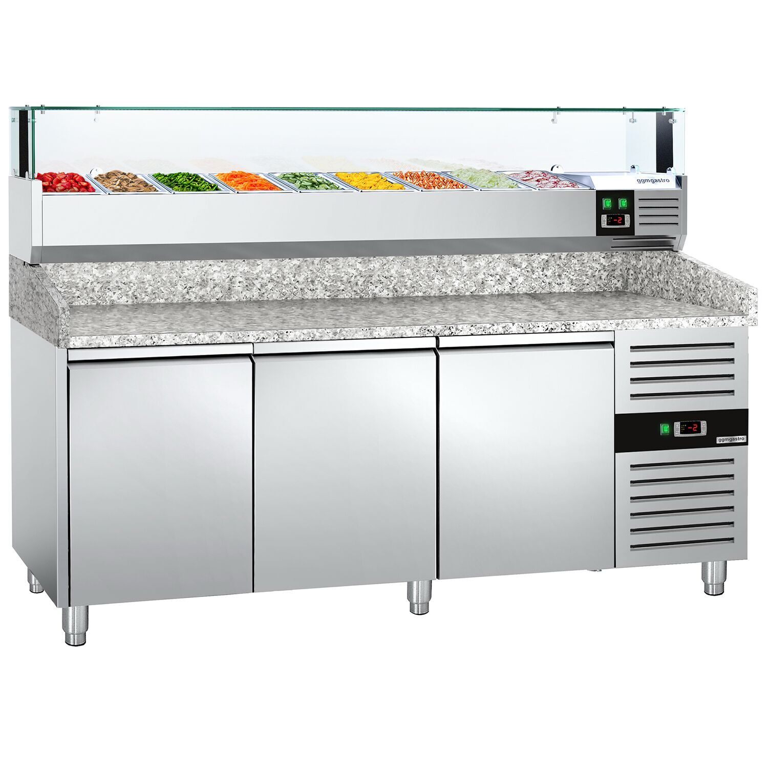 Table réfrigérée pour pizza PREMIUM - 2000 x 800 mm - avec 3 portes - incl. vitrine réfrigérée avec LED - 9 x GN 1/3