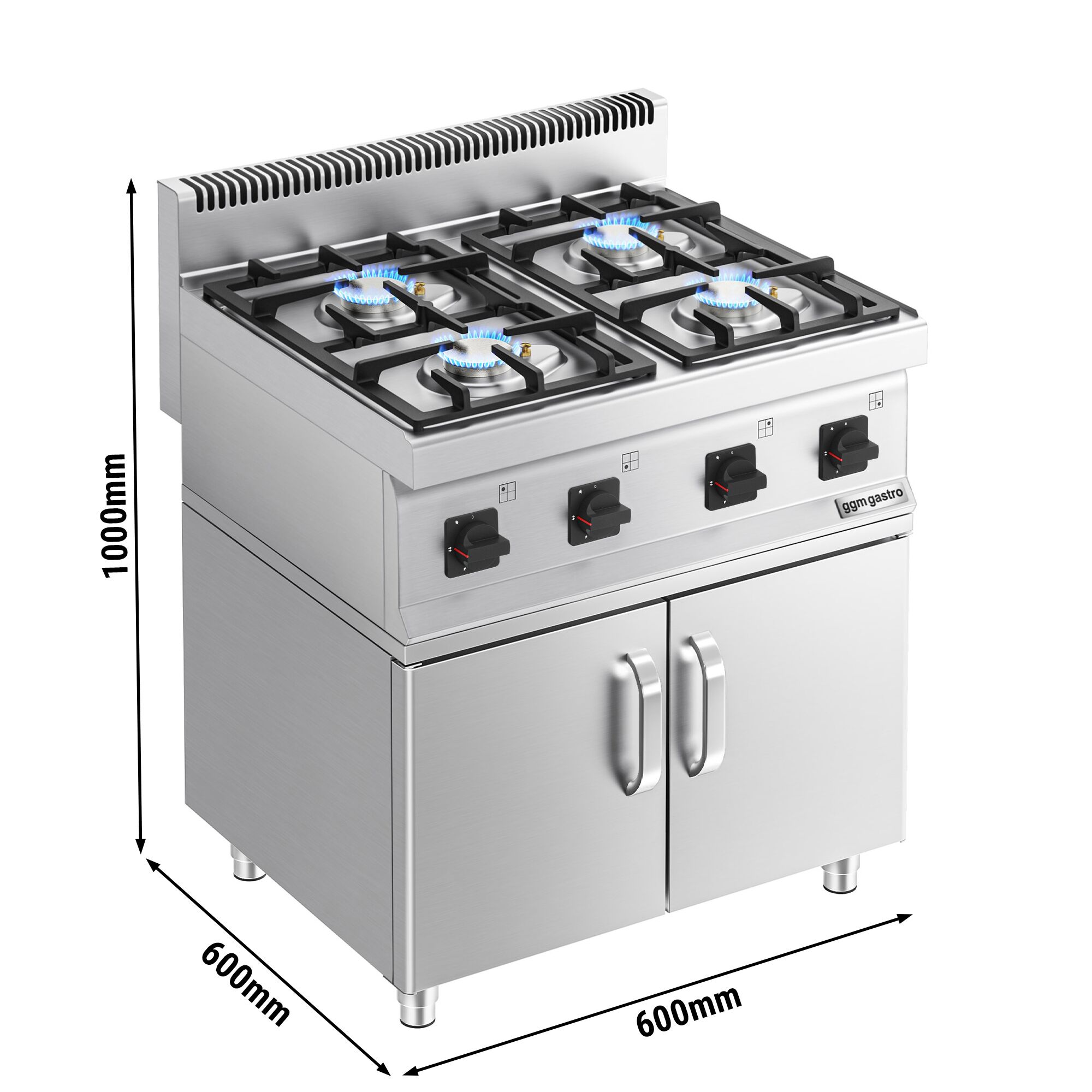 Fourneau à gaz – 14 kW – 4 brûleurs – avec soubassement avec 2 portes