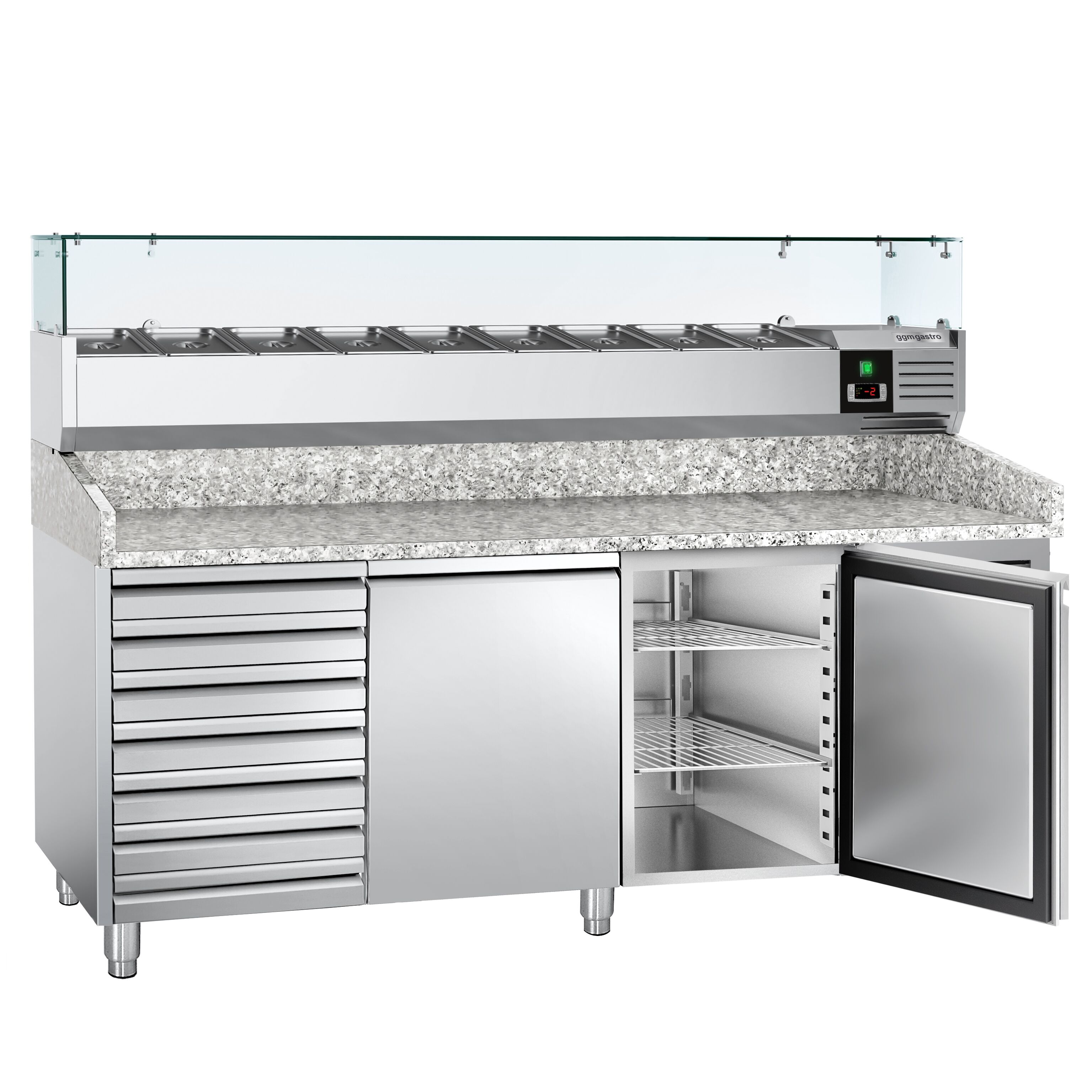 Table réfrigérée à pizza ECO - 2000 x 800 mm - avec 2 portes et 7 tiroirs - incl. vitrine réfrigérée - 10 x GN 1/4