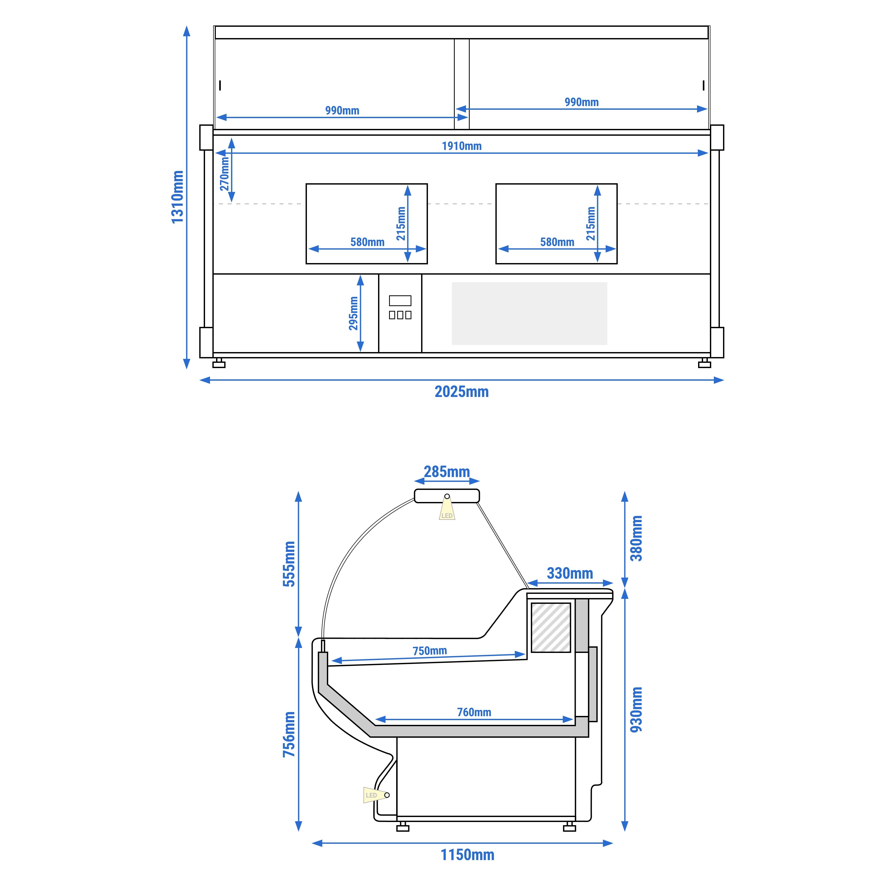Comptoir vitrine réfrigérée - 2025x1150mm - +1/+10°C - Vitre bombée - 400L - Façade rouge