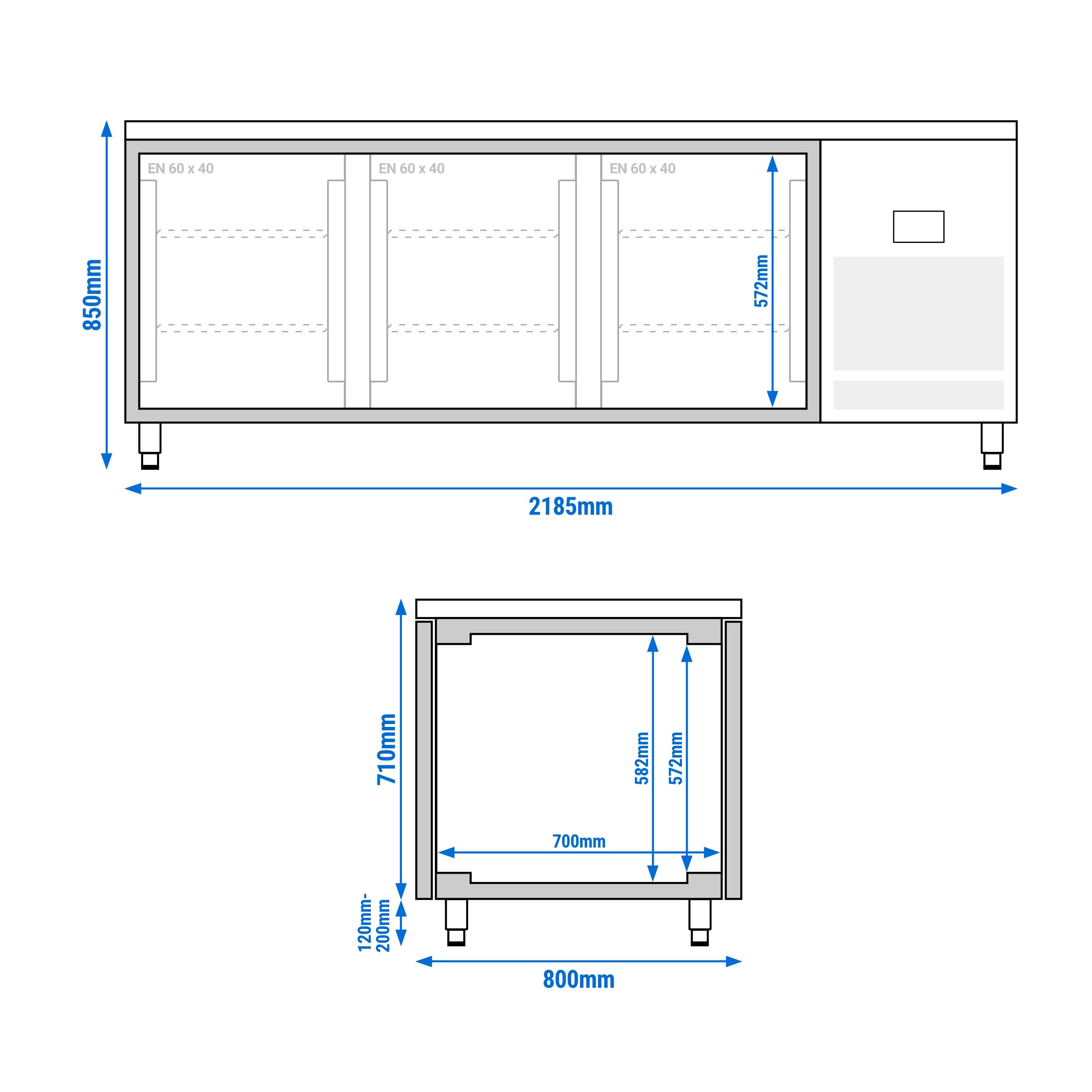 Table réfrigérée Premium PLUS - 1960x700 mm - avec 3 portes vitrées et rebord