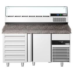 Pizzawerkbank PREMIUM - 1550x800mm - met granieten werkblad - met 1 deur & 5 laden - incl. glasvitrine - 6x GN 1/3