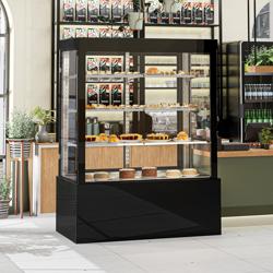 Vetrina pasticceria refrigerata Anna - per torte - 1400l - 1500mm - Doppio vetro - vetro dritto - con 3 ripiani - 4 lati vetro; porte posteriori scorrevoli; LED interni; schienale a specchio - Nero