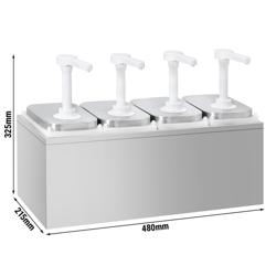 Dávkovač omáčky - nerezová ocel AISI 304, nádoby PP - se stojanem - 4× 2 l - 480x215x325 mm - einstellbarer Dosierung - s nádobou - vč. nerezového stojanu