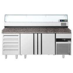 Mesa pizzera refrigerada PREMIUM - 2100x800mm - encimera de granito - con 2 puertas ciegas y 5 cajones - incl. vitrina refrigerada superior - 10x GN 1/3