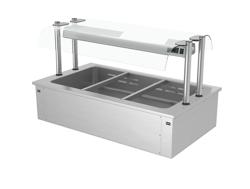 حمام مائي مدمج (Drop-in) - 1135 mm - 2,59 kW - 3x GN 1/1 أو 5x GN 1/1 - مع حاجز رذاذ زجاجي - يشمل طاولة تبريد