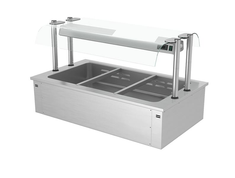 Commercial built-in bain marie - 1100 mm - 3 x GN 1/1 - with glass sneeze guard