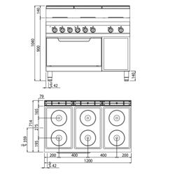Elektrisch fornuis - Lorenzo 700 - 1200x714mm - 15,6 kW - 6 platen vierkant - incl. elektrische statische oven - 7,5 kW