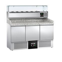 Pizzawerkbank PREMIUM - 1400x700mm - met granieten werkblad - met 3 deuren - incl. glasvitrine - 6x GN 1/4