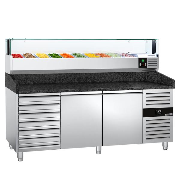 Banco pizza refrigerato PREMIUM - 2000x800mm - con 2 porte & 7 cassetti - piano in granito - con vetrina ingredienti refrigerata superiore LED - 10x GN 1/4