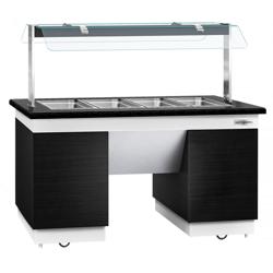 Heated Bain Marie Counter DUBLIN - 1600mm - with Bain Marie Well + Flat Glass Sneeze Guard - on Castors - for 4x GN 1/1 - Black