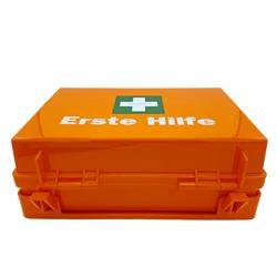 Kit de primeiros socorros SAN - cheio com norma DIN 13157 ampliado - plástico ABS - Laranja - com montado na parede, cruz sinalética - incl. suporte de parede, kit de montagem, sinalética fotoluminescente