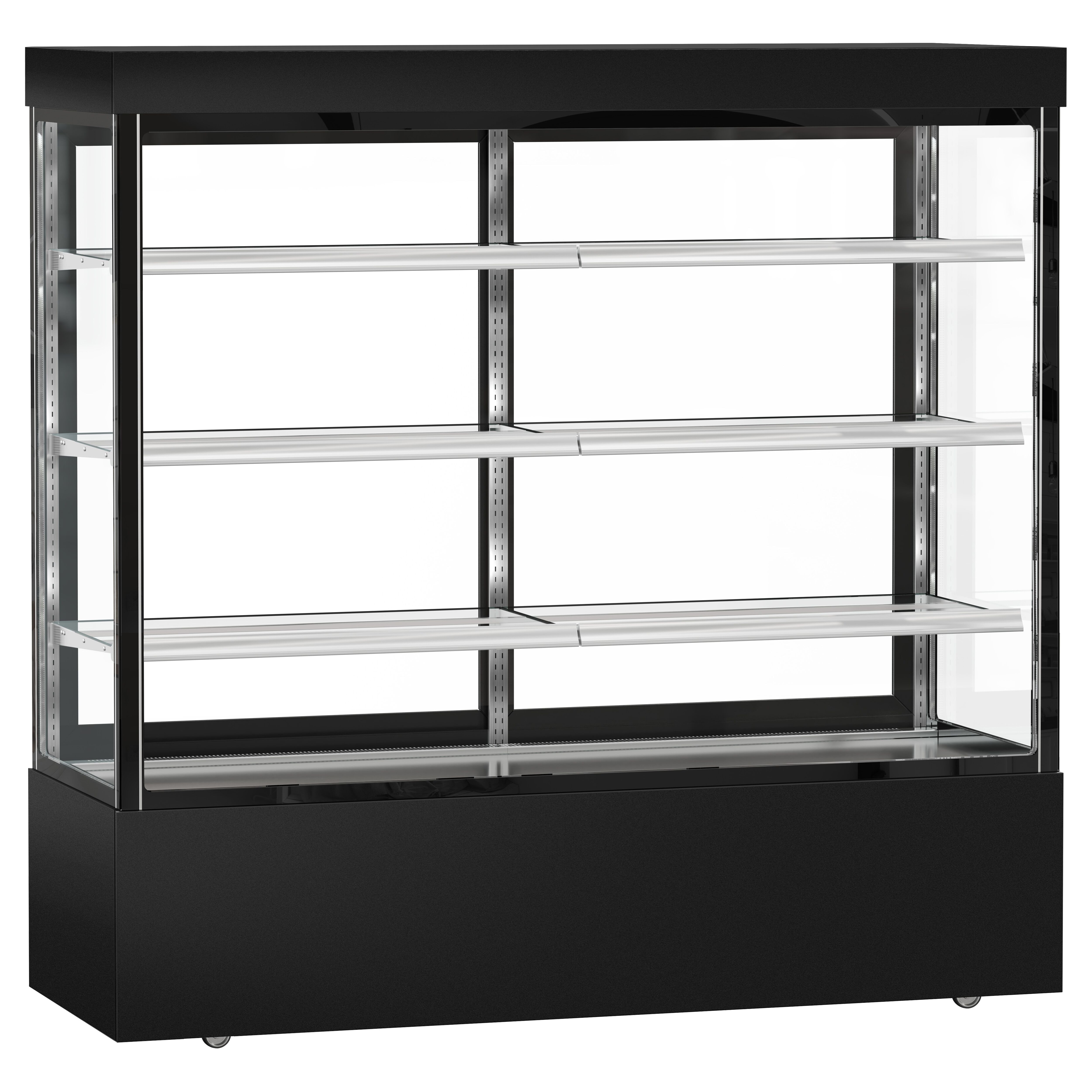 Vitrine à pâtisserie réfrigérée MADRID - 1200L - 1800mm - Double vitrage - avec 3 étagères en verre - portes coulissantes vitrées arrière - Noir mat
