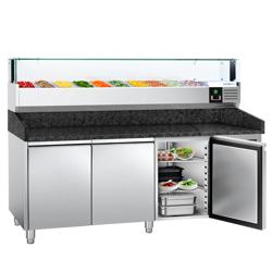 Pizzawerkbank PREMIUM - 2000x800mm - met granieten werkblad - met 3 deuren - incl. glasvitrine LED - 10x GN 1/4