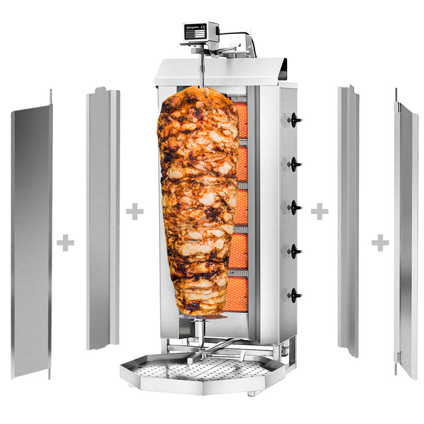Plinski gyros-/doner roštilj - 5 plamenika - Maks. 80 kg - Uklj. 2 zaštitne ploče & 2 krilna vrata 