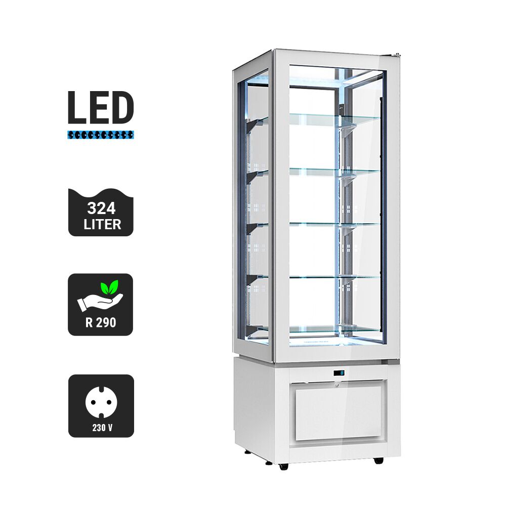 Vitrine réfrigérée 4 faces vitrées / Vitrine panoramique – 324 litres – 600 mm – 5 étagères – Blanc