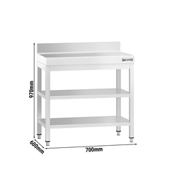 Mesa de trabalho em aço inoxidável PREMIUM - 0,7 m - com prateleira de baixo, prateleira intermediária e mesa de apoio