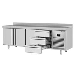 Koelwerkbank PREMIUM PLUS - 2452x600mm - met 3 deuren - met 3 lades - met opstand