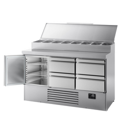 میز یخچالی آماده سازی کوچک 1460*700 میلیمتر - 8xGN 1/4 یک درب و 4 کشو -  ویترین استیل