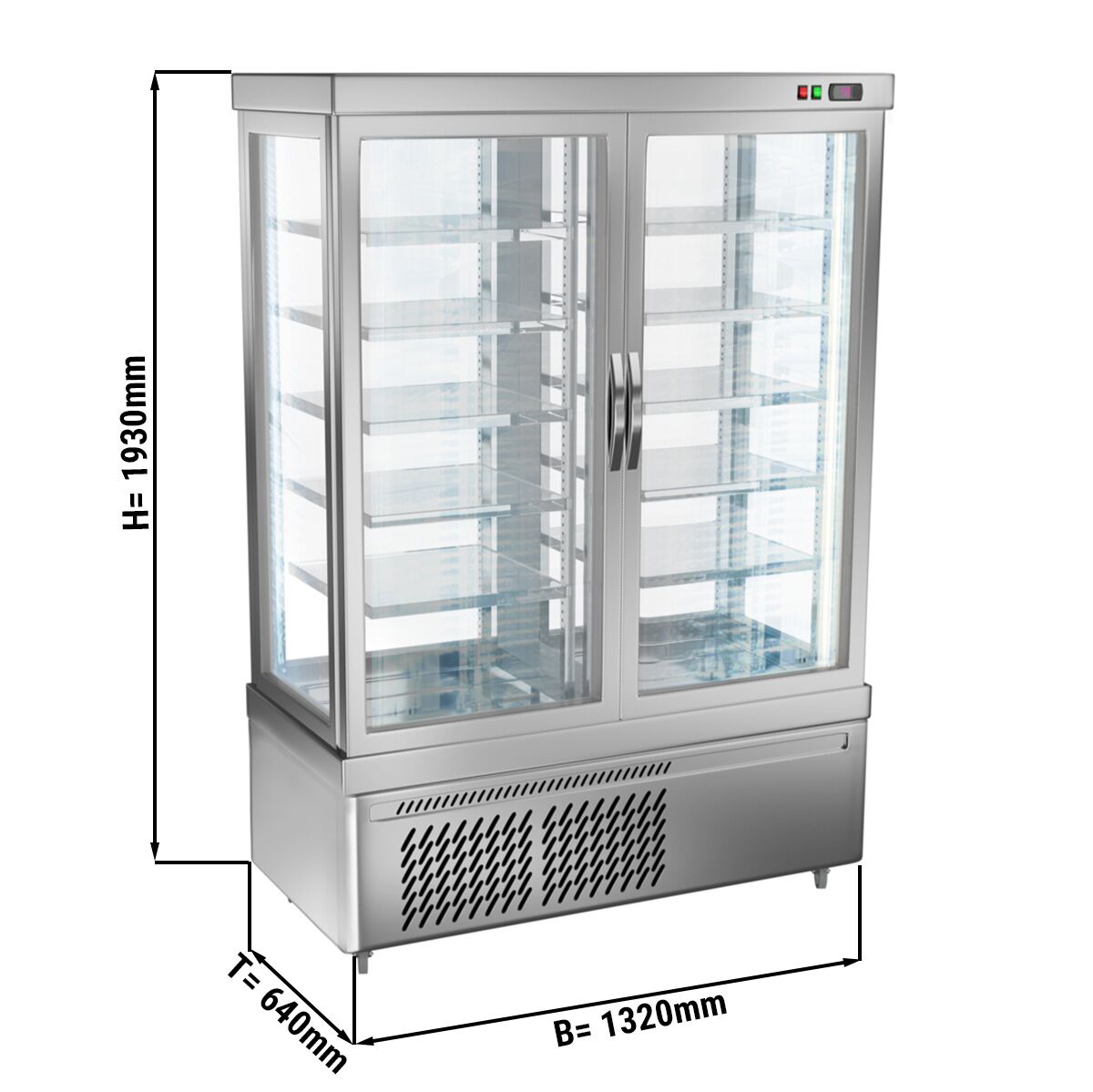 Vitrine réfrigérée 4 faces vitrées / Vitrine panoramique pour fromage – 935 litres – 1320 mm – 10 étagères – Argent