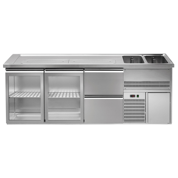 Frigider  pentru bere 2,5 x 0,7 m - cu 2 uşi din sticlă şi 2 sertare 1/2 + 1/2
