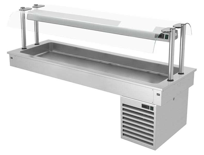 Vestavná chladicí vana - 1 800 mm - +2 až +8 °C - 5× GN 1/1 - 410 W - s oboustrannou skleněnou zábranou proti kýchání