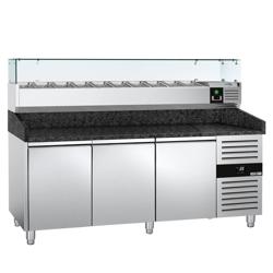 Commercial Pizza Prep Counter - Granite Top PREMIUM - 2025x800mm - with 3 doors - incl. refrigerated topping unit with glass sneeze guard - 9x GN 1/3