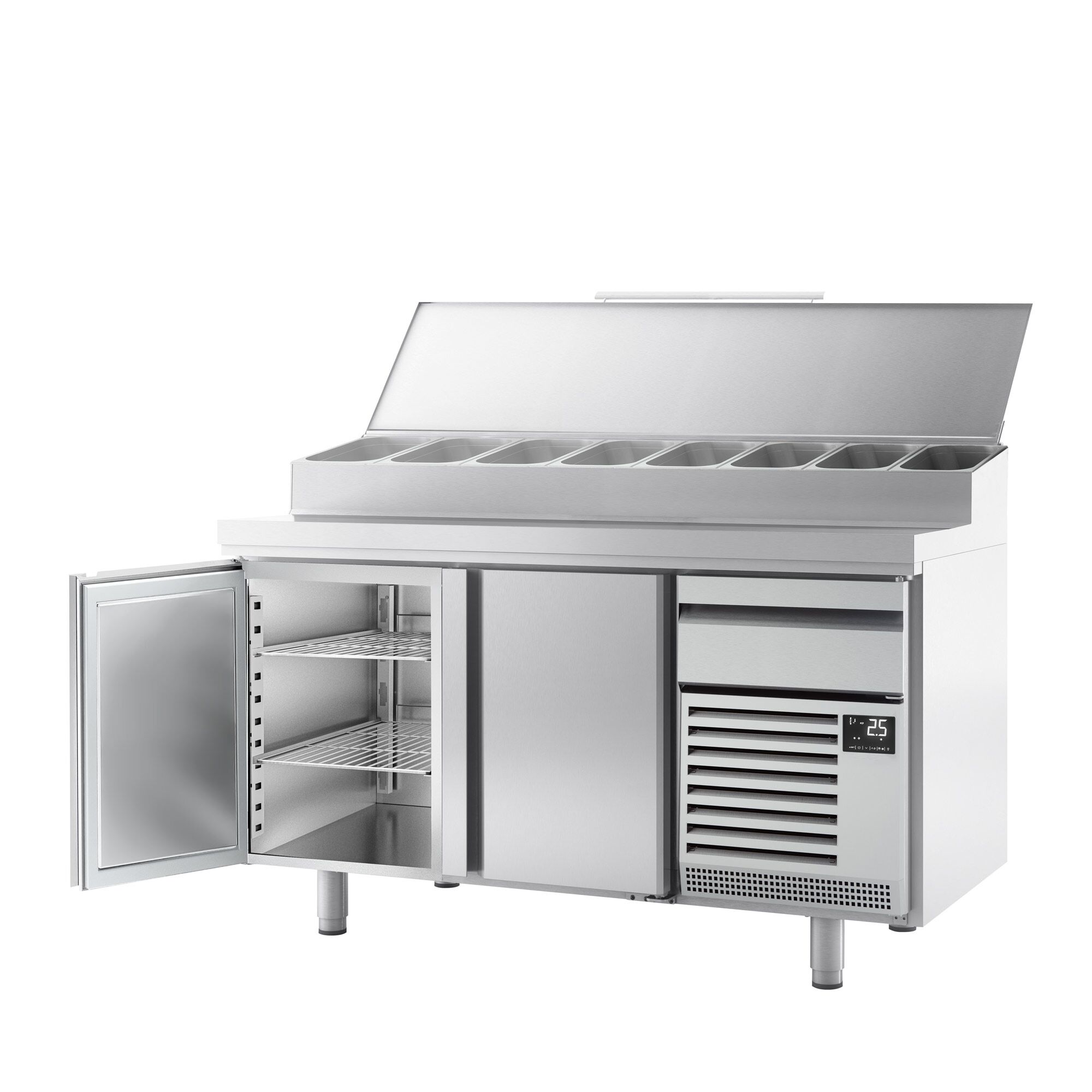 Table réfrigérée de préparation pour boulangerie - avec 2 portes & 1 tiroir - dimensions de compartiment EN - superstructure en inox 9x GN 1/3