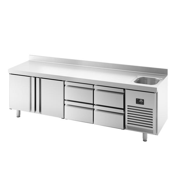 Balcão refrigerado PREMIUM PLUS - 2452x700mm - 630L - 2 portas; 4 gavetas - -2 a +8°C; com ressalto traseiro; com cuba