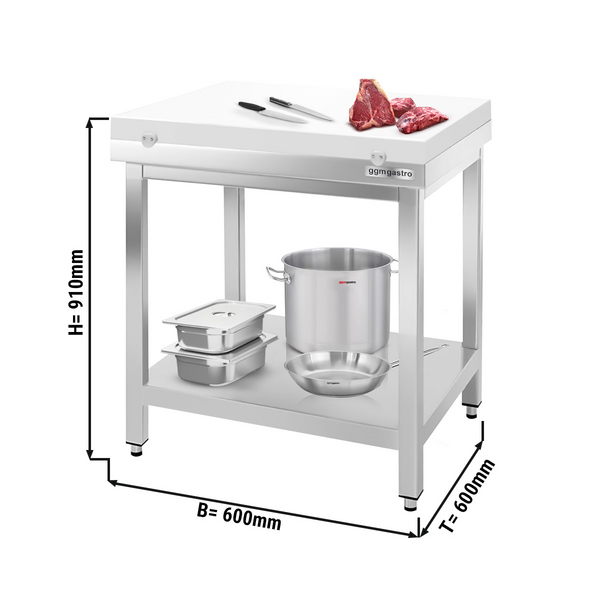 Radni stol od plemenitog čelika PREMIUM - 600x600 mm - Sa donjom pločom bez poleđine uklj. ploču za rezanje 