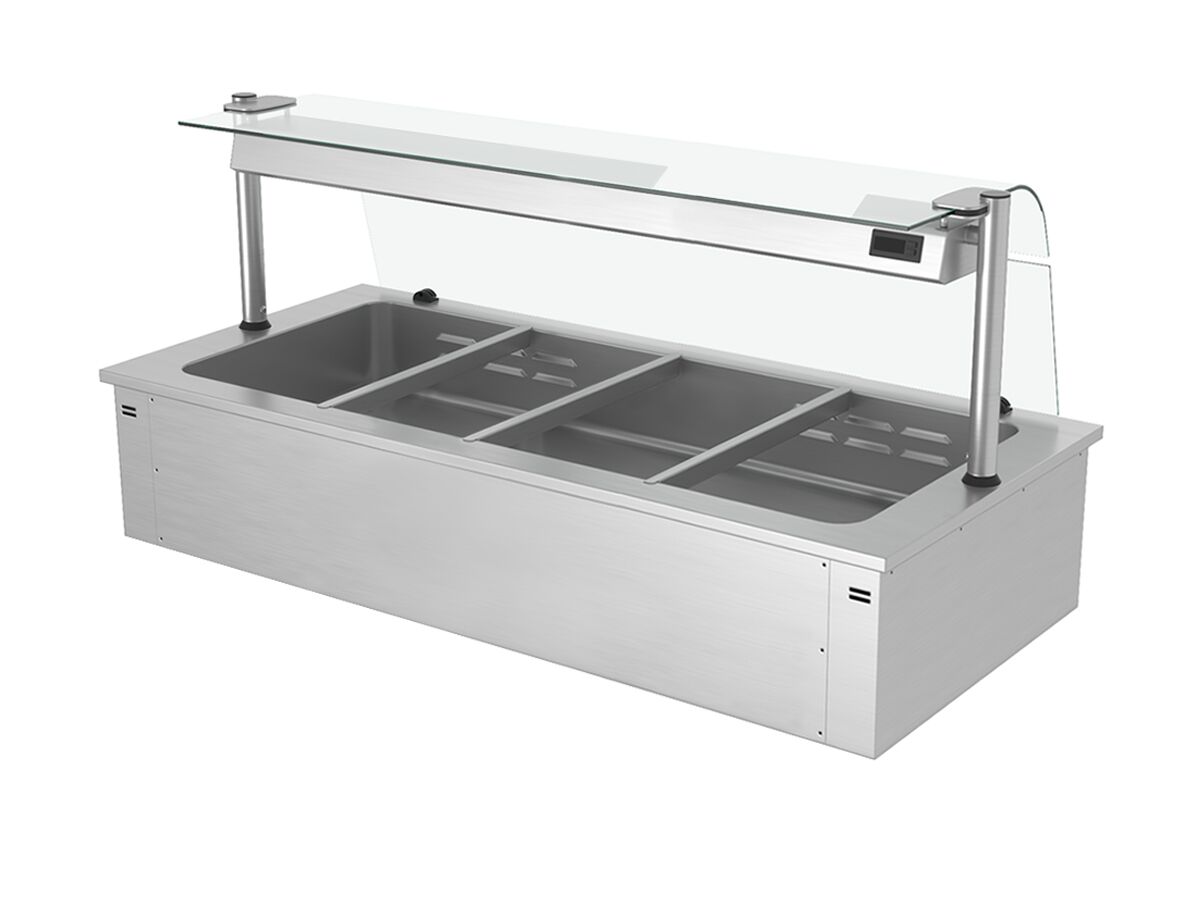 Встраиваемая Водяная Баня (Bain-marie) 1,5 м - 4x GN 1/1 - со Стеклянной Панелью для защиты от брызг