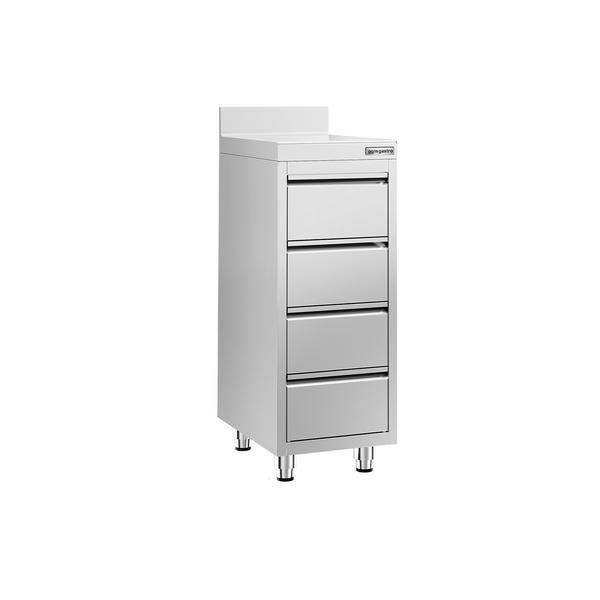 Arbetsbänk PREMIUM - rostfritt stål AISI 430 - med 4 draglådor & uppvikt bakkant - 400x600 mm