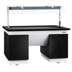Heated Bain Marie Counter DUBLIN - 1600mm - with Bain Marie Well + Flat Glass Sneeze Guard - on Castors - for 4x GN 1/1 - Black