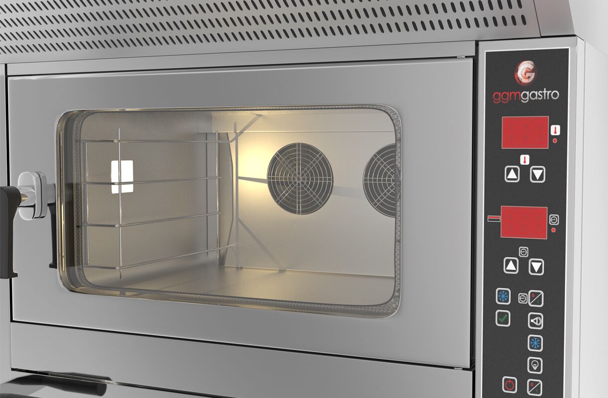 Four à convection - Commandes mécaniques - 4 niveaux 600x400mm & Four à pizza - 7x Ø 25cm - Acier inoxydable - avec injection d’eau manuelle - 1 chambres de cuisson