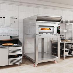 Gas pizzaoven (chamotte bakvloer) - 1130x1450x1970mm - 1 kamer - 1x6 pizza’s Ø34cm - tot 450°C - Handmatig - incl. afzuigkap, onderstel & wielstel