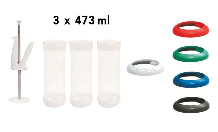 (3 pcs) Kit Portion Pal (Bouteilles 473ml, membrane à un trou (débit moyen)) Pour sauces - incl. poignée & tige, 5 anneaux doseurs 7,5/10/15/22,5/30ml - 3 bouteilles 473ml | Lot de 3 kits Portion Pal