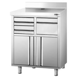 Stainless Steel Floor Cupboard - for coffee machine - 820x600mm - with Hinged Doors, 2 Drawers & Upstand
