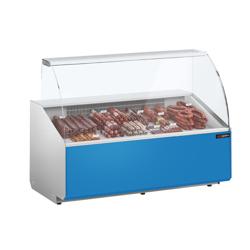 Vitrine refrigerada para bolos/pastelaria - 1568x979x1323mm - panorâmica - painel frontal azul-claro (RAL5015) - com 2 portas no armazenamento inferior - termóstato digital Dixell