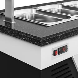Heated Bain Marie Counter BELFAST - 2000mm - with Bain Marie Well + Flat Glass Sneeze Guard - on Castors - for 5x GN 1/1 - Black
