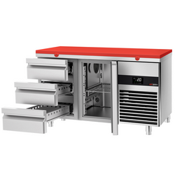 Koelwerkbank PREMIUM - 1400x700mm - met 1 deur & 3 laden - incl. snijplank rood