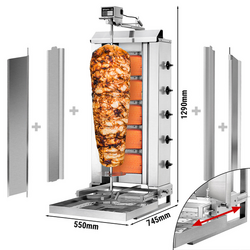Griglia a gas per Kebab / Gyros - mobile - 5 bruciatori - max. 80 kg - incl. 2 piastre di protezione e 2 porte a battente