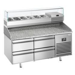Pizzawerkbank PREMIUM PLUS - 1490x700mm - met granieten werkblad - met 4 laden - incl. glasvitrine - 6x GN 1/4