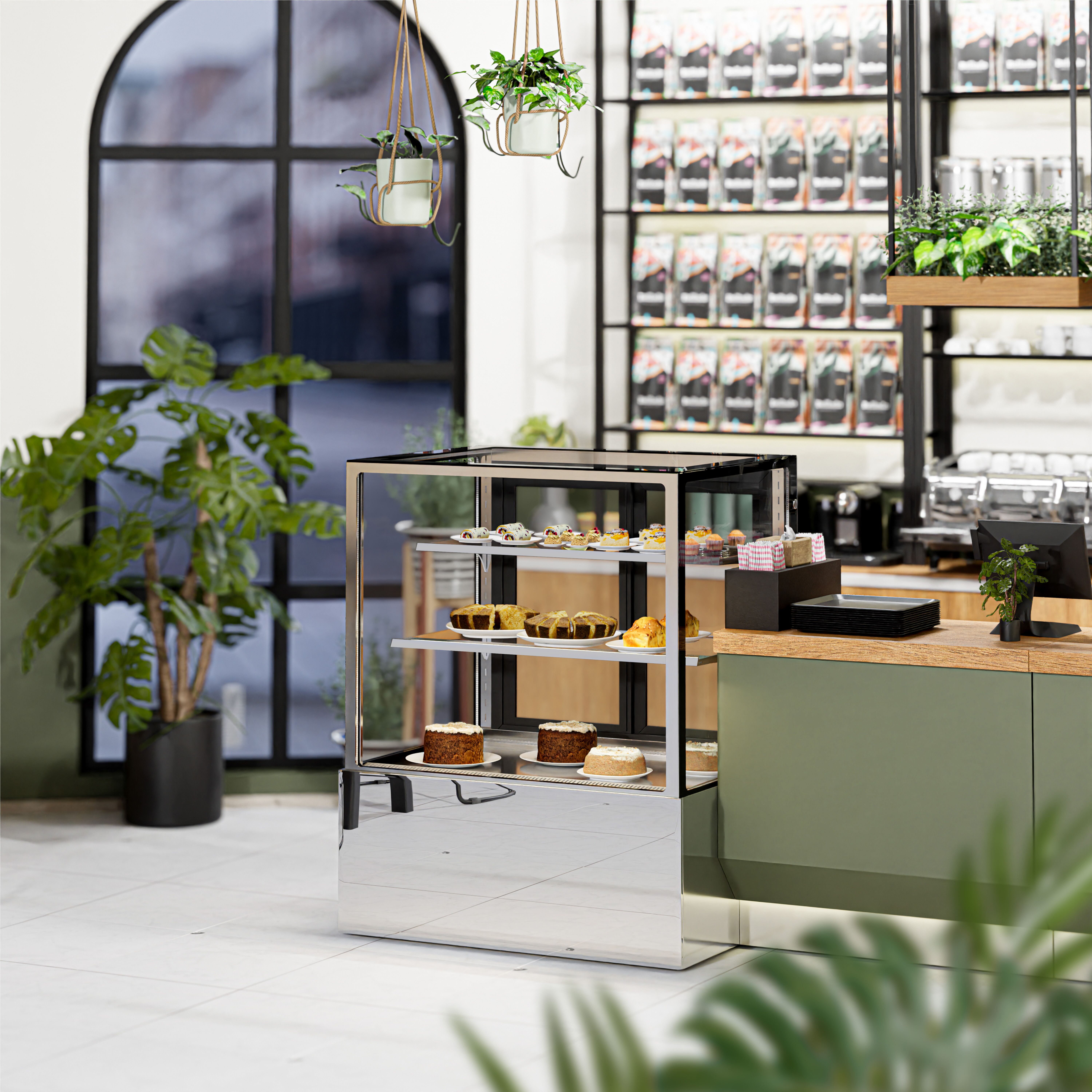Vitrine de comptoir réfrigérée - 343L - 900mm - Double vitrage - avec 2 étagères en verre - portes coulissantes vitrées arrière