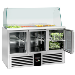 Saladette PREMIUM - 1368mm - 3 glazen deuren - met hoge glazen opzetstuk voor 4x GN 1/1