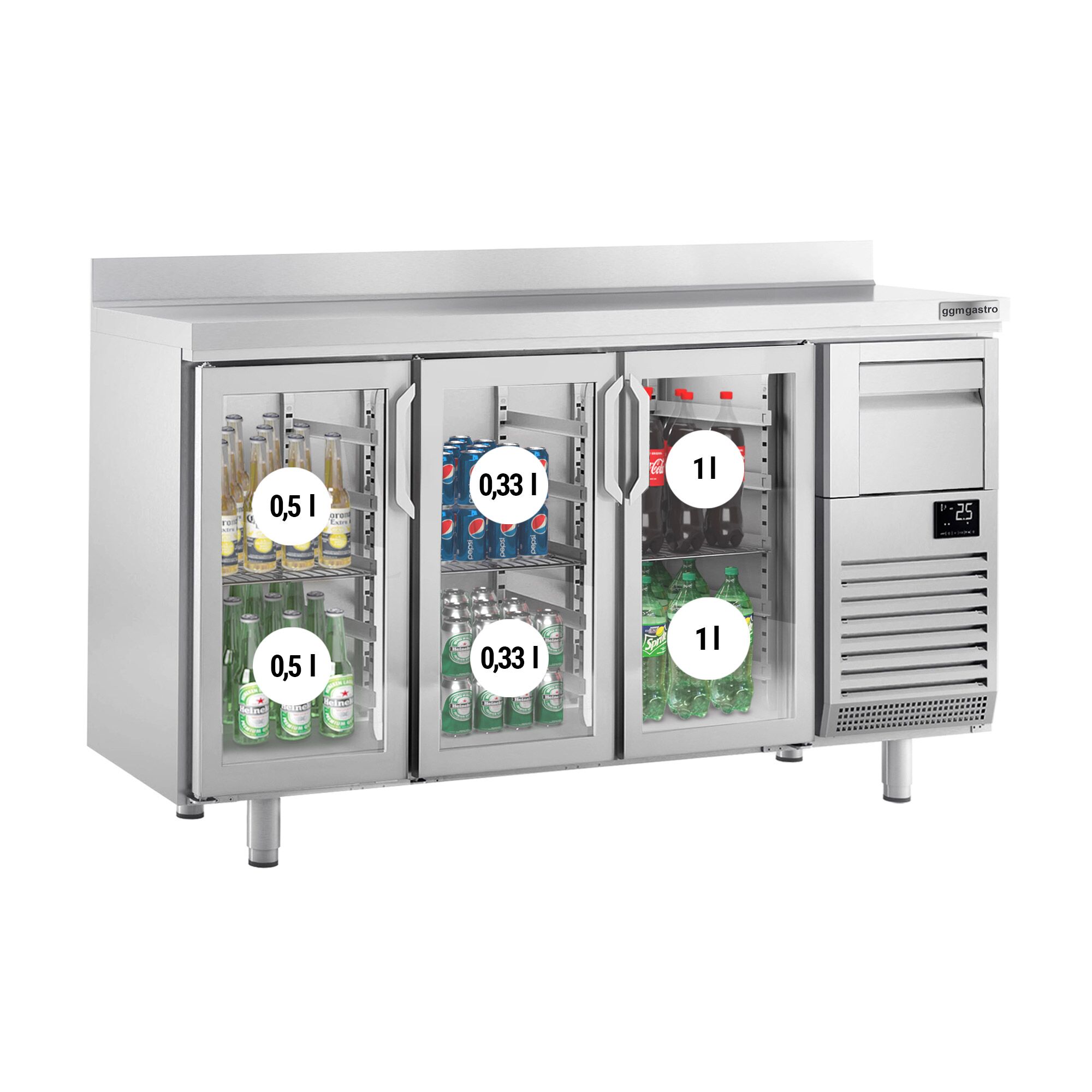 Arrière-bar réfrigéré professionnel Premium PLUS - 1960 x 600 mm - avec 3 portes en verre, dosseret et tiroir à marc de café