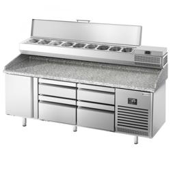 Pizzawerkbank PREMIUM PLUS - 1980x700mm - met granieten werkblad - met 1 deur & 4 laden - incl. opzetkoelvitrine - 9x GN 1/4