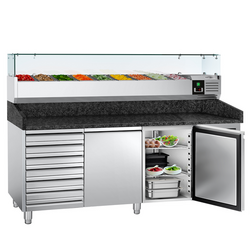Rashladni pult za pripremu pizze PREMIUM - 2000x800 mm - sa 2 vrata & 7 ladica - uklj. Rashladna nadograđena vitrina - 9x GN 1/3