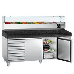 Pizzawerkbank PREMIUM - 2025x800mm - met granieten werkblad - met 2 deuren & 7 laden - incl. glasvitrine - 9x GN 1/3