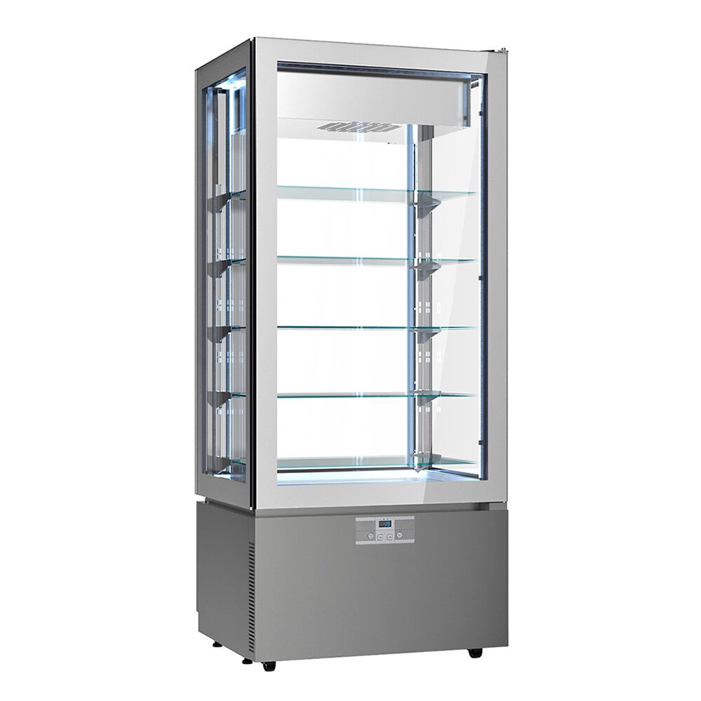 Vitrine réfrigérée négative 4 faces vitrées / Vitrine panoramique négative - 457L - 805mm - avec 5 étagères en verre - 4 portes vitrées - Argent